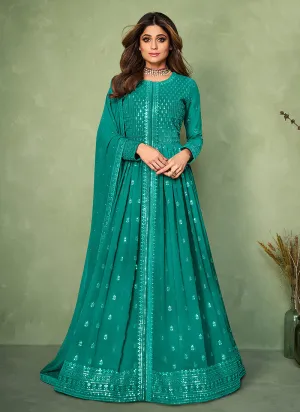 Sea Green Sequence Embroidered Slit Style Anarkali Lehenga Suit