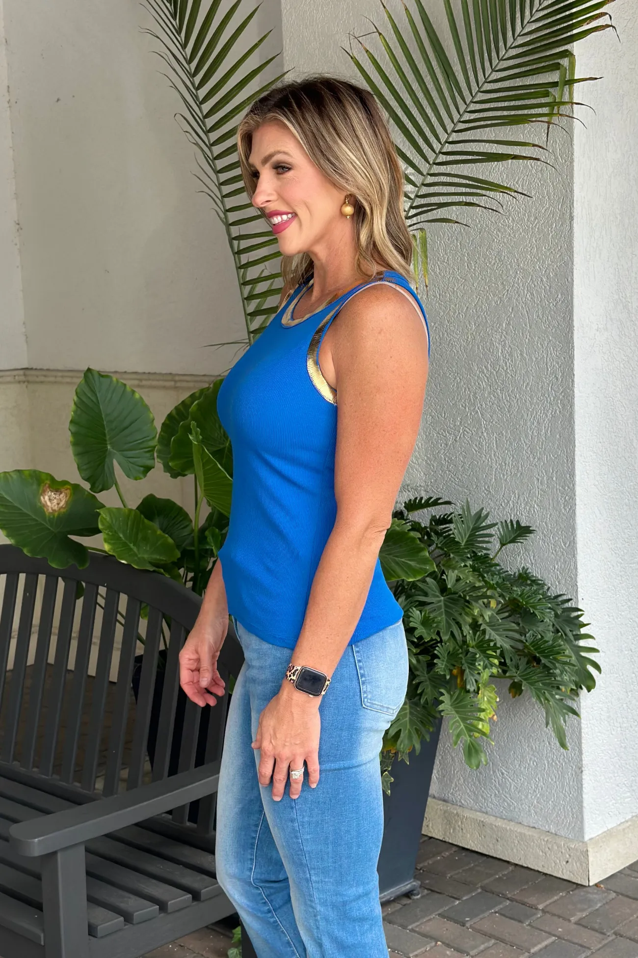 Serenade Ribbed Metallic Trim Tank-Royal Blue