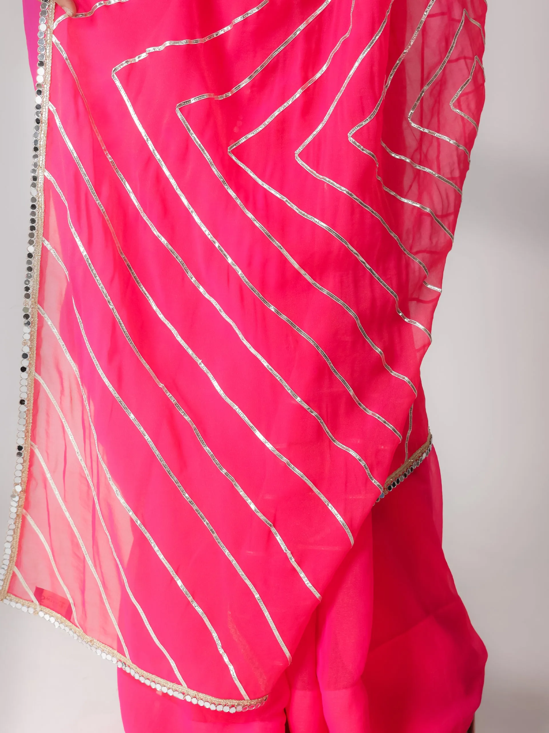 SET | Pink Gold Chiffon Saree with Iridescent Sequin Square Neck Blouse - 2 Piece