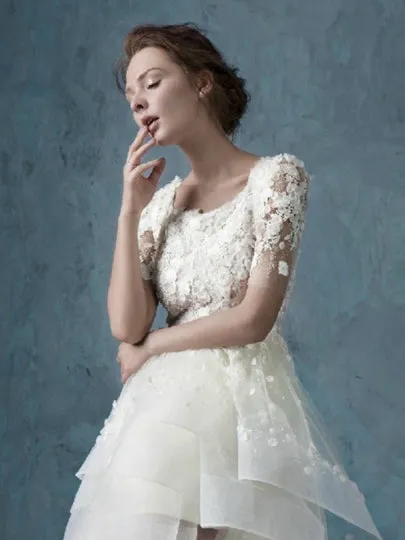 Short Sleeves Lace Beach Wedding Dress