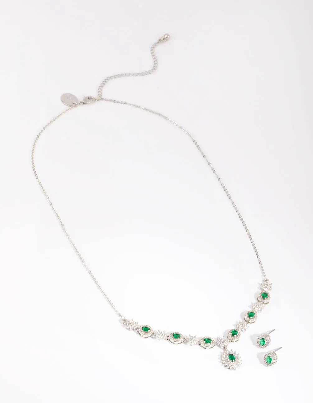 Silver Emerald Diamond Simulant Necklace & Earring Set