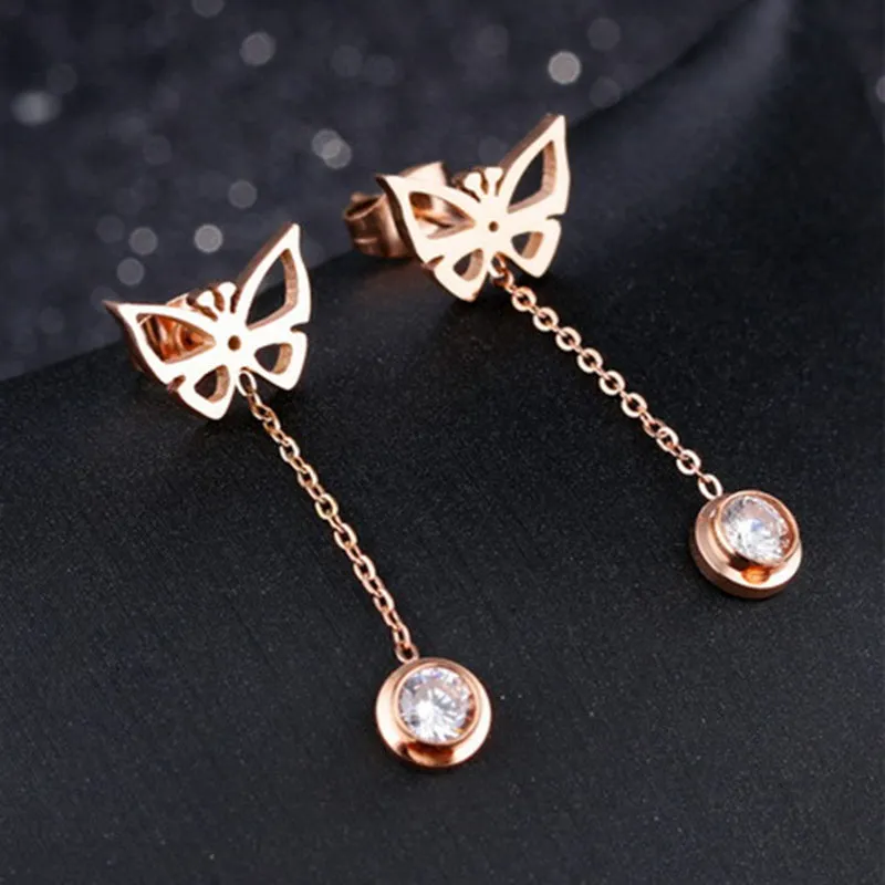 Simple Single Diamond Butterfly Tassel Earrings