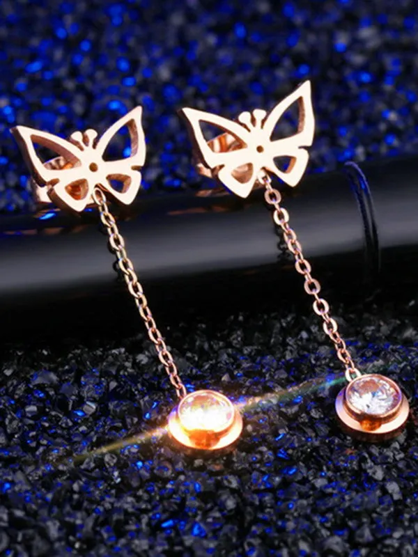 Simple Single Diamond Butterfly Tassel Earrings