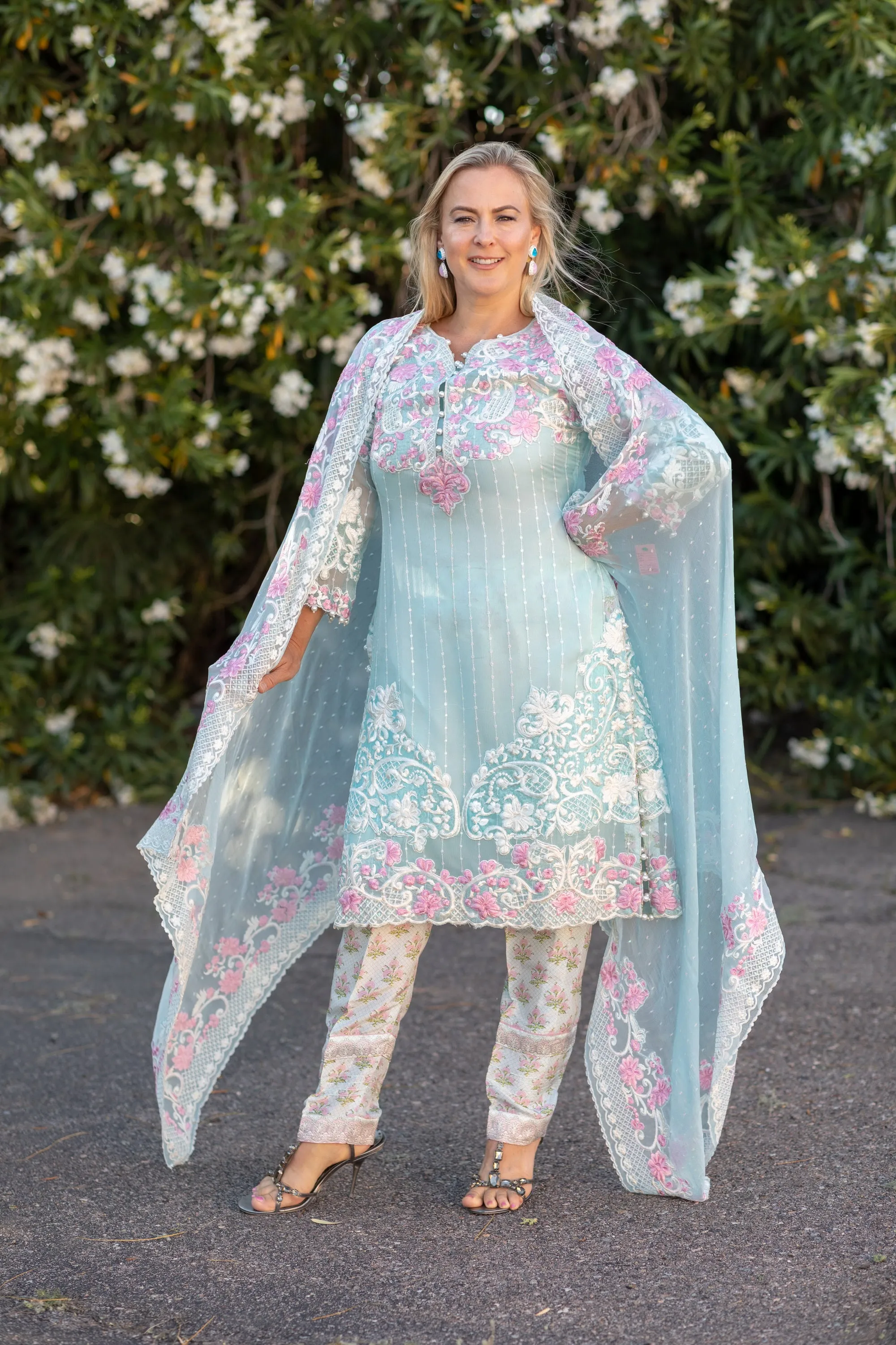 Sky Blue Chiffon Salwar Kameez Suit with Embroidery