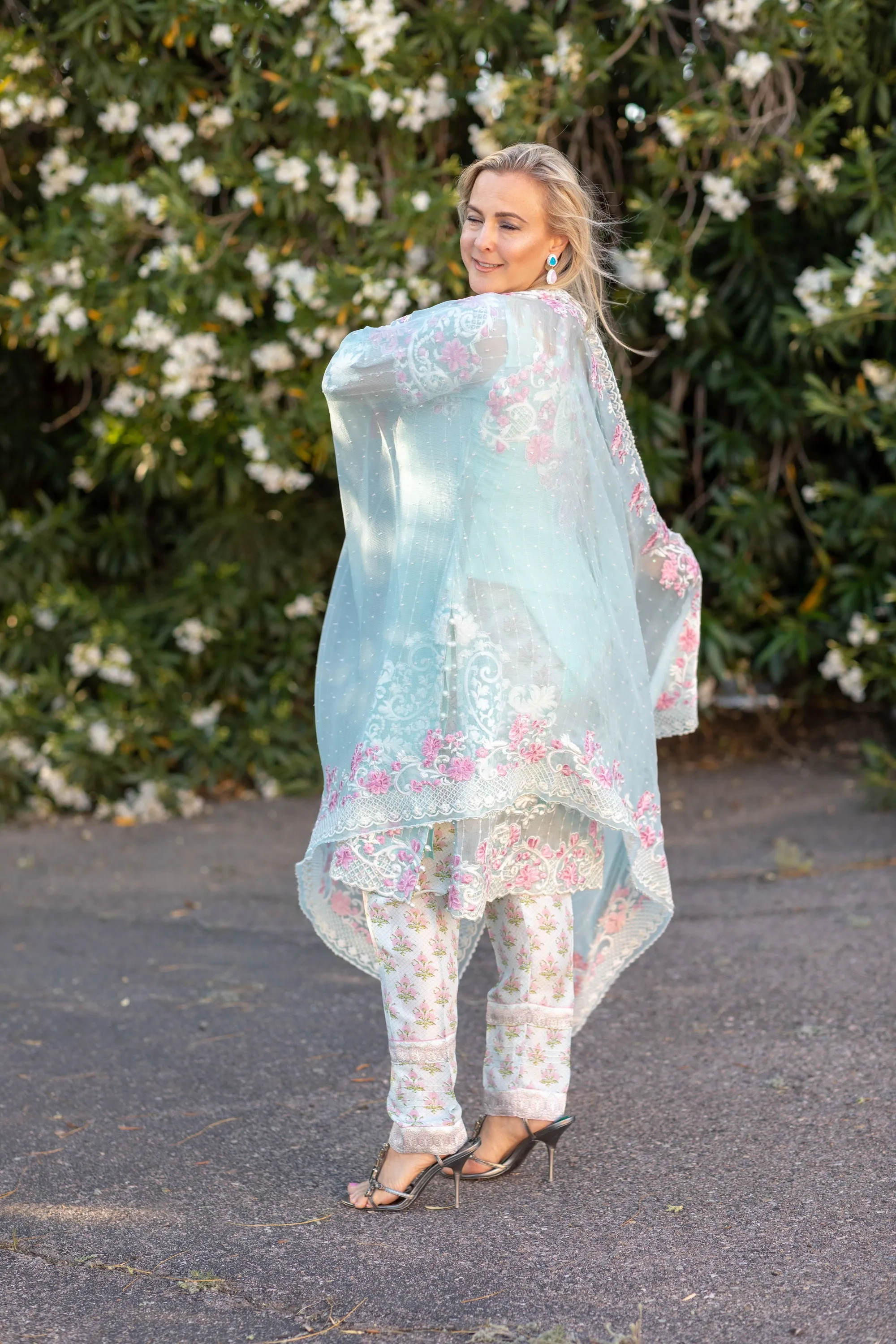 Sky Blue Chiffon Salwar Kameez Suit with Embroidery