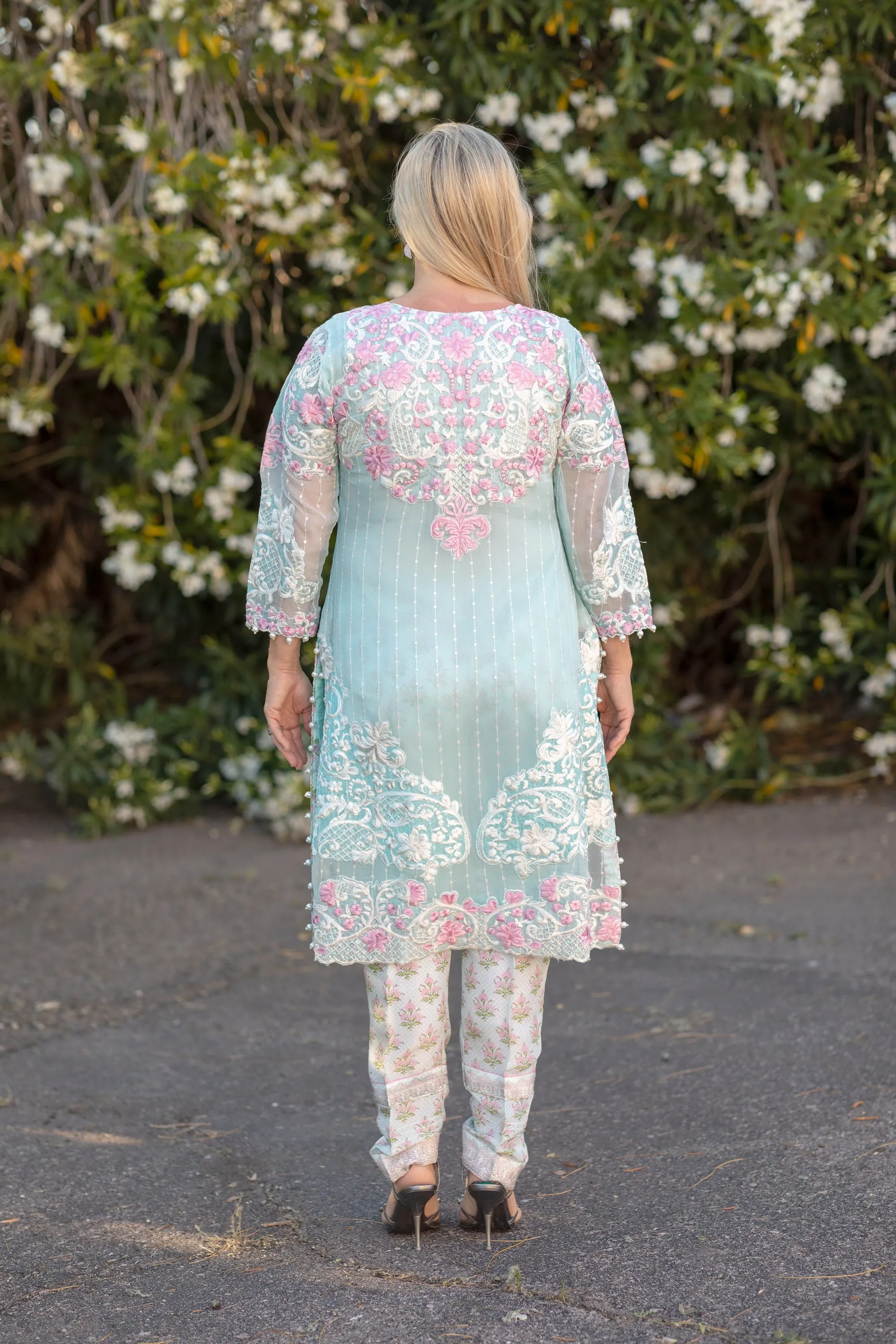 Sky Blue Chiffon Salwar Kameez Suit with Embroidery