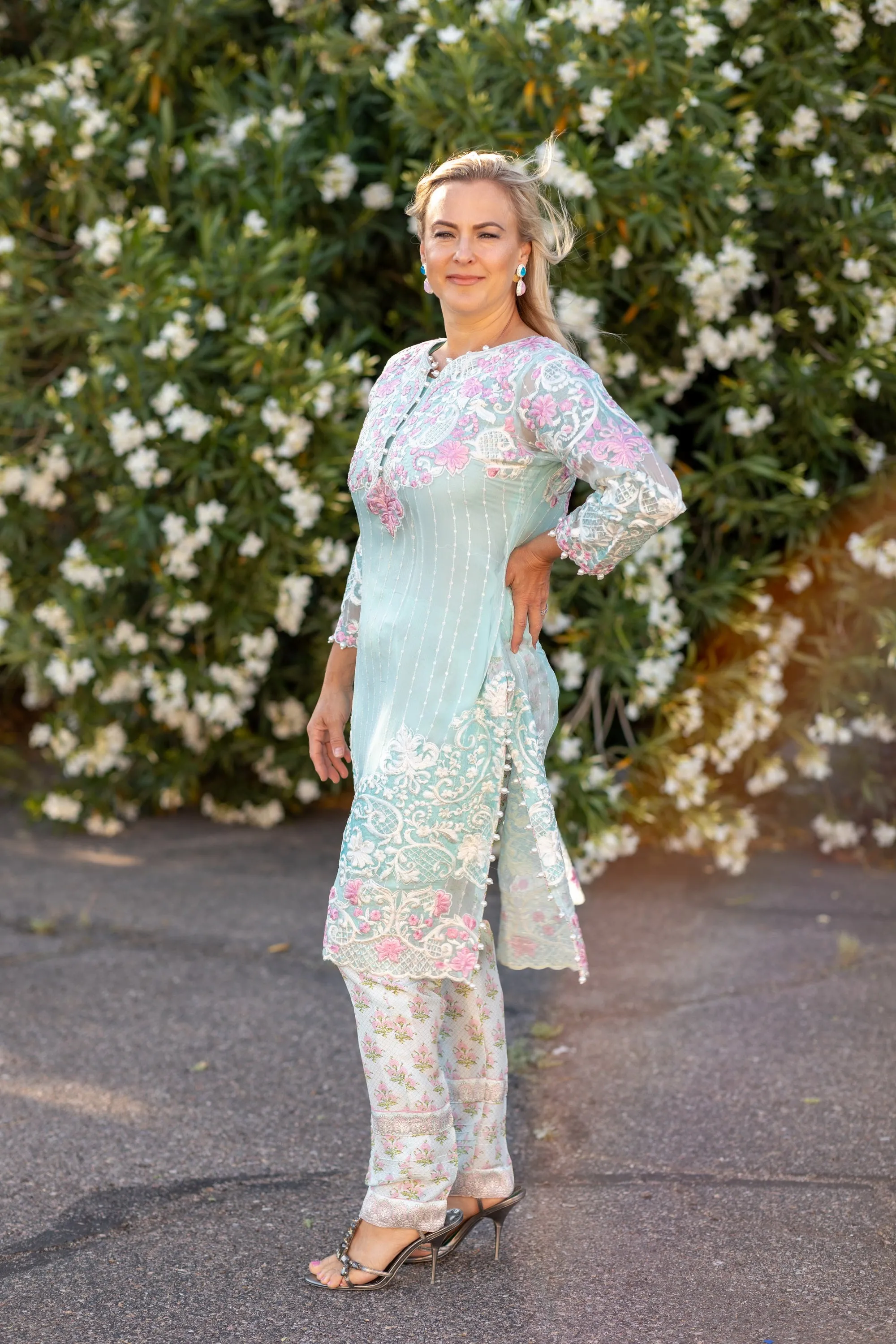 Sky Blue Chiffon Salwar Kameez Suit with Embroidery