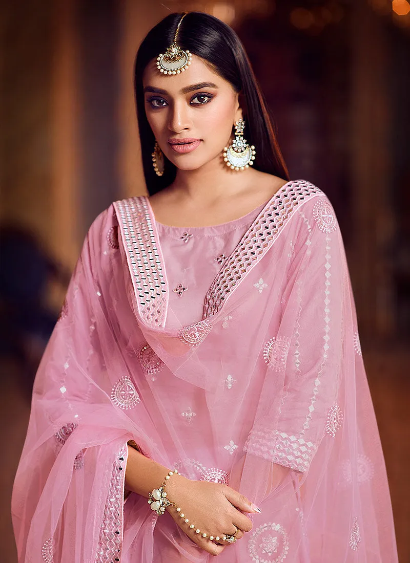 Soft Pink Mirror Embroidered Gharara Suit