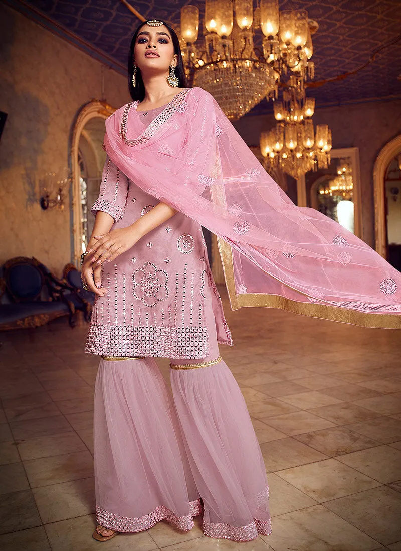Soft Pink Mirror Embroidered Gharara Suit