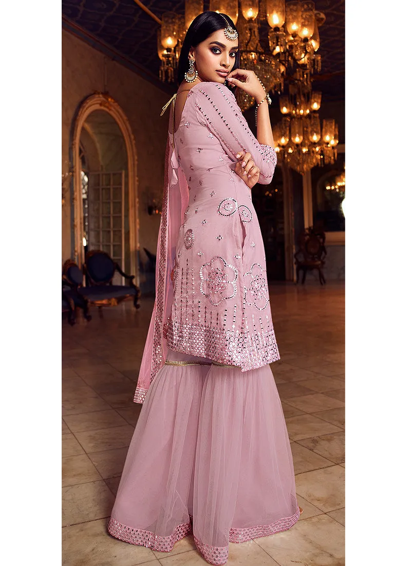 Soft Pink Mirror Embroidered Gharara Suit