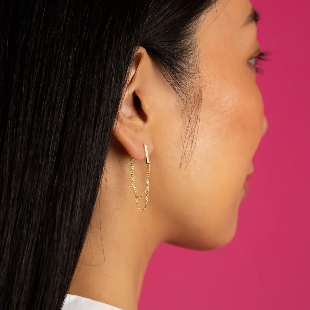 Solid Bar Front Back Multi Chain Stud Earring