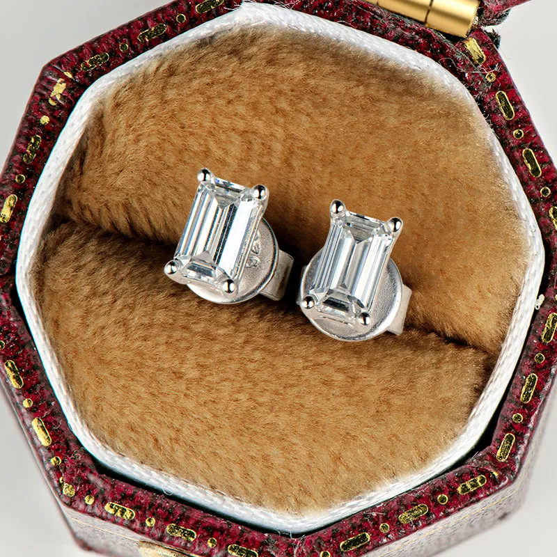 Solitaire Emerald Cut Moissanite Stud Earrings