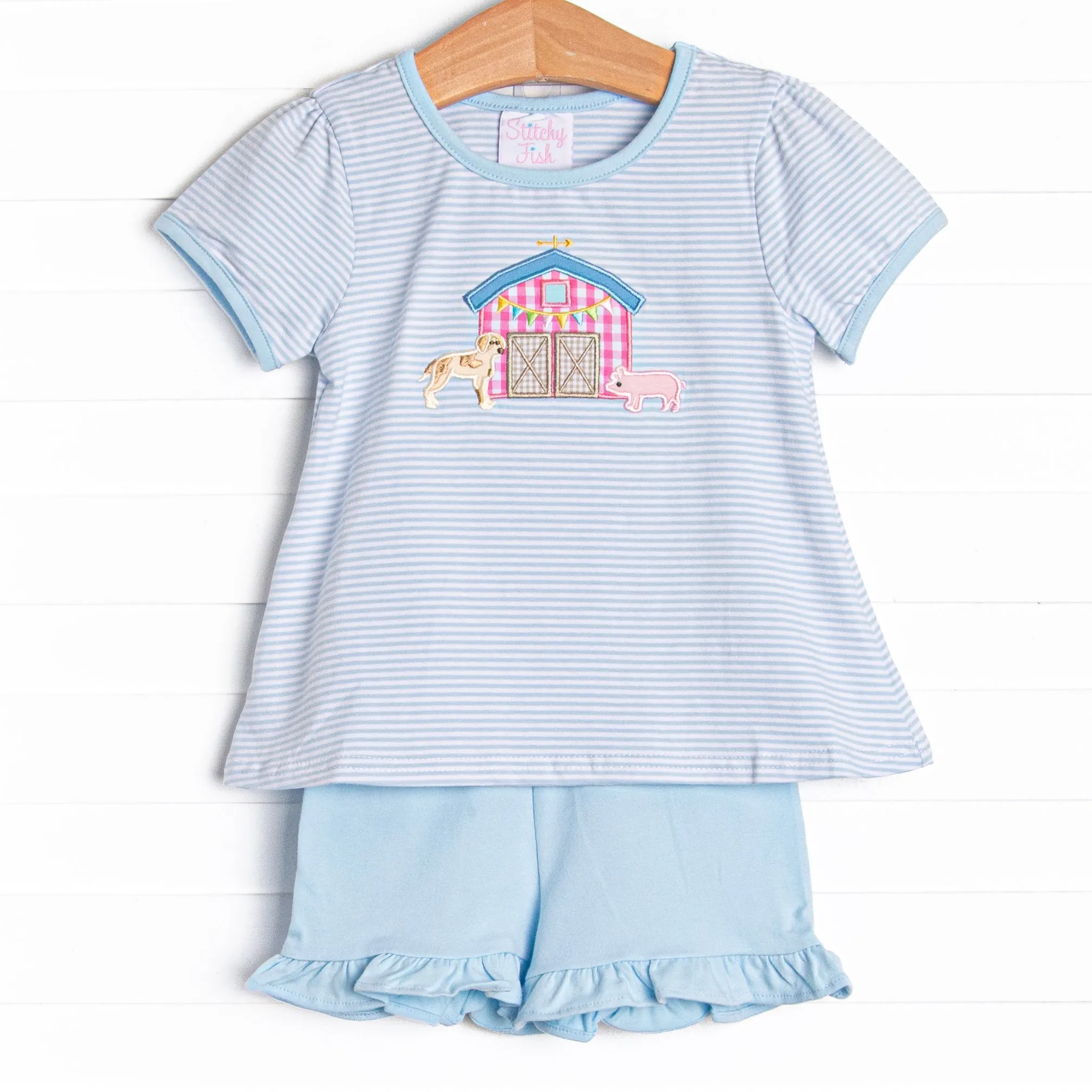 Southern Soiree Applique Ruffle Short Set, Blue