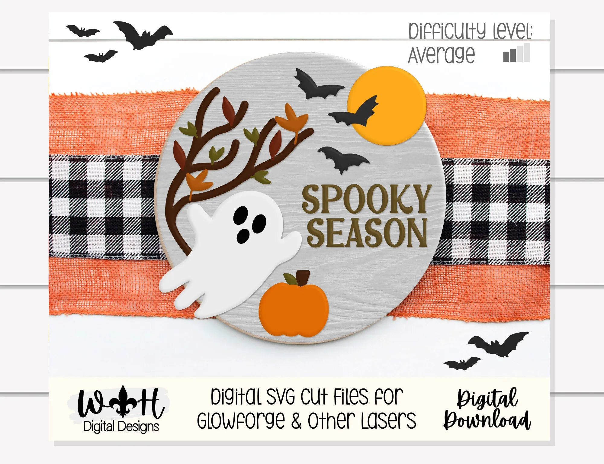 Spooky Season Ghost Halloween Door Hanger Round - Seasonal Sign Making and DIY Kits - Cut File For Glowforge Lasers - Digital SVG File