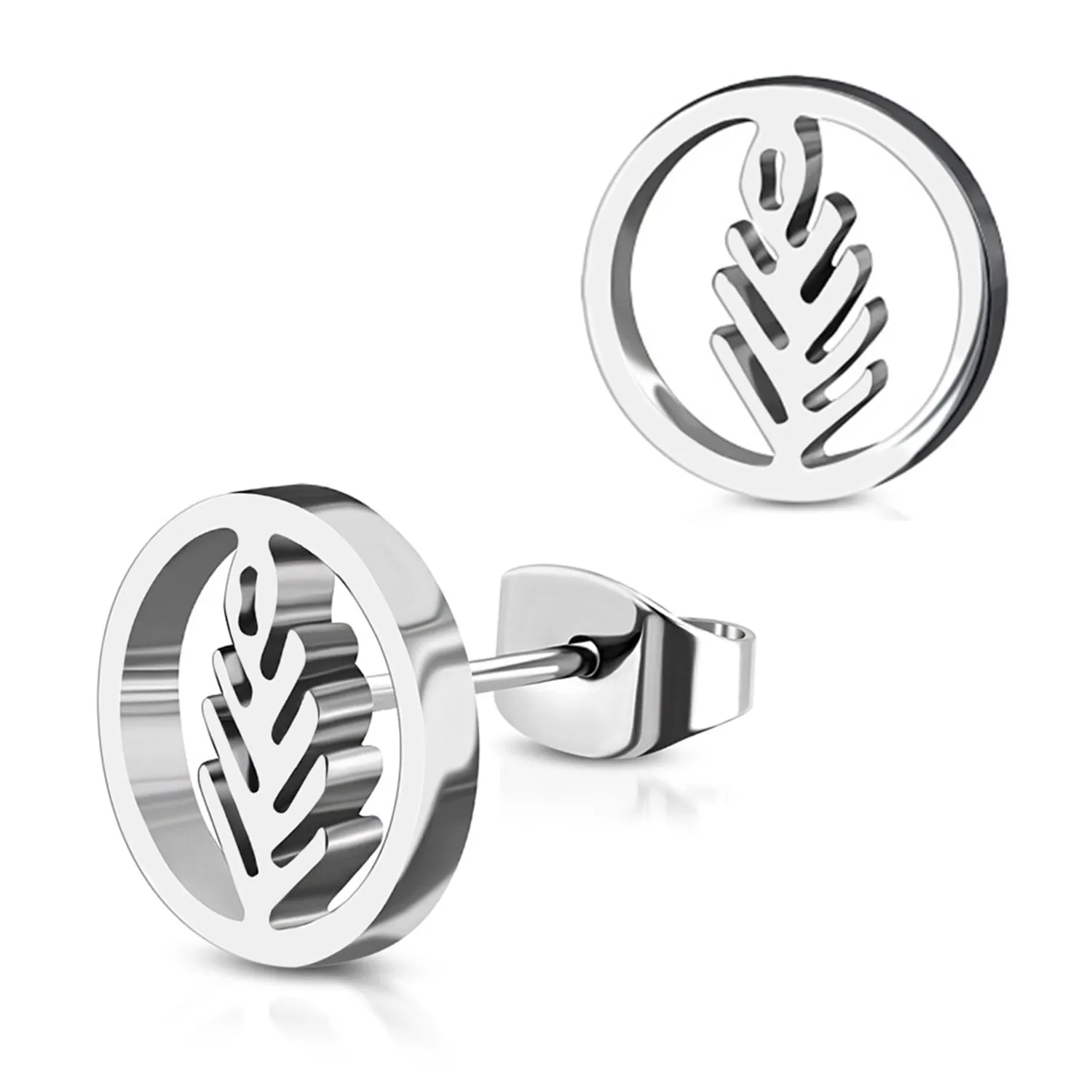 Stainless Steel Nature Olive Leaf Branch Circle Round Button Stud Post Earrings