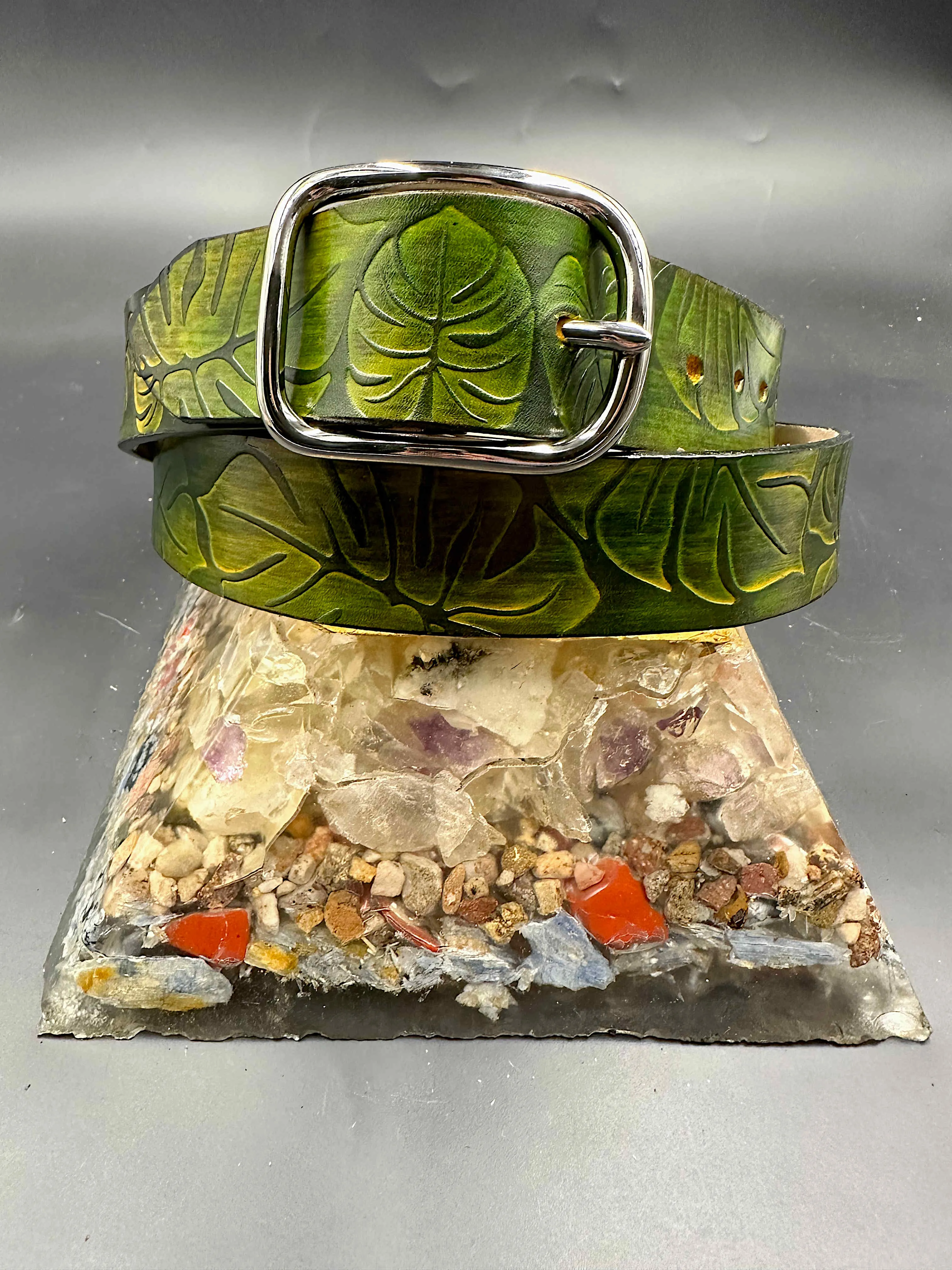 Stamped Leather Belt - Monstera
