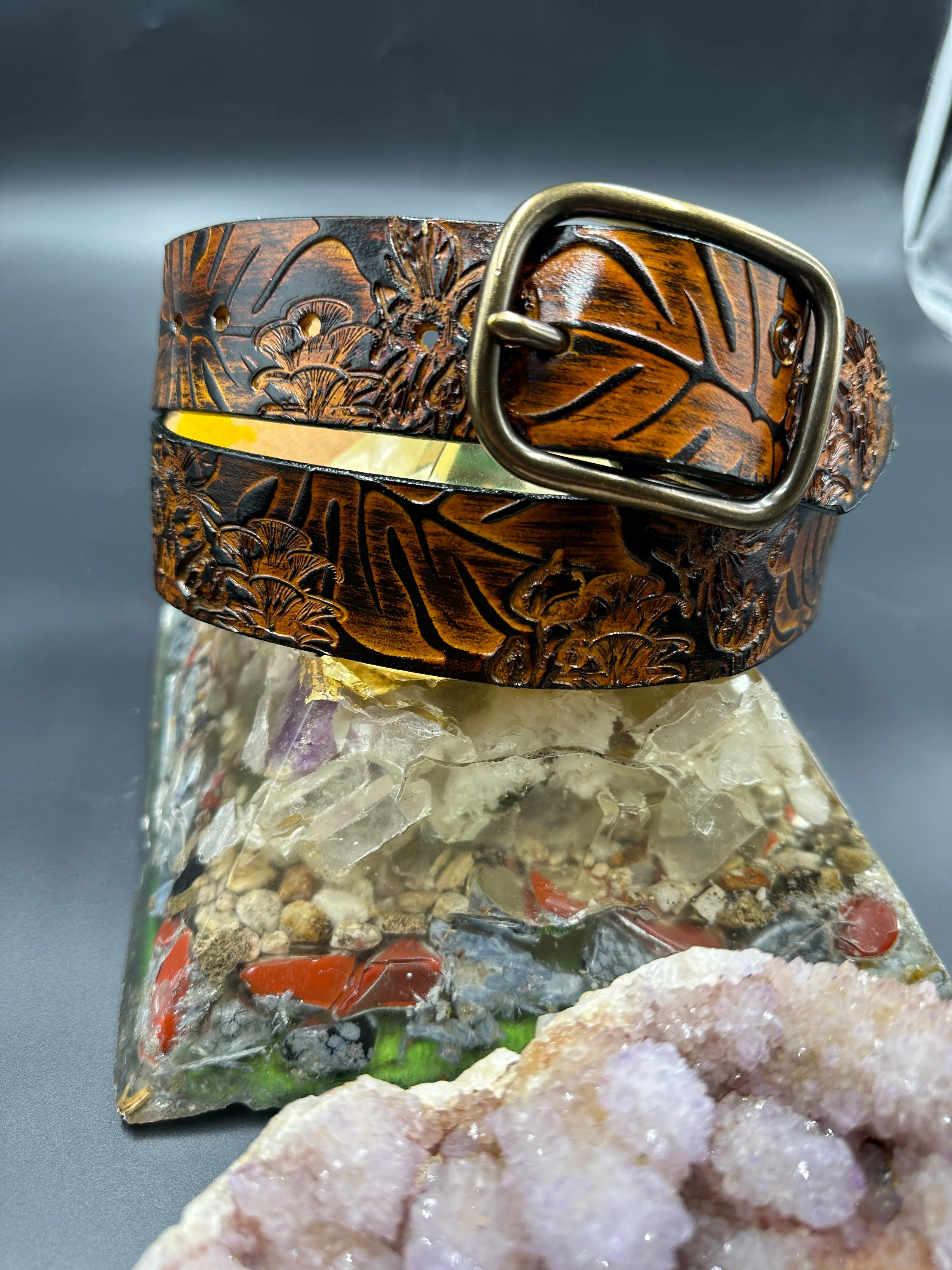 Stamped Leather Belt - Monstera
