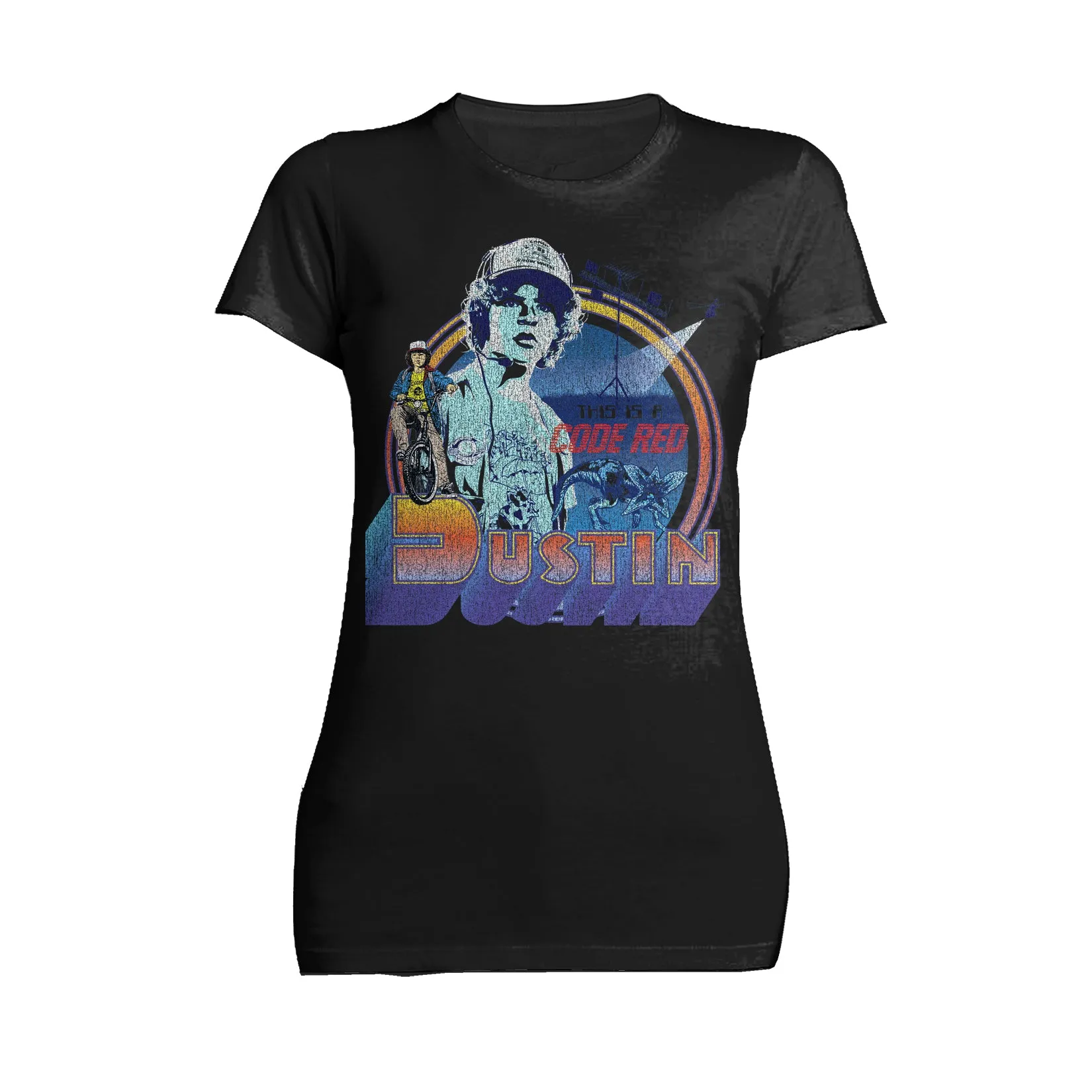 Stranger Things Vintage Dustin Pose Demogorgon  Code Red Official Women's T-Shirt