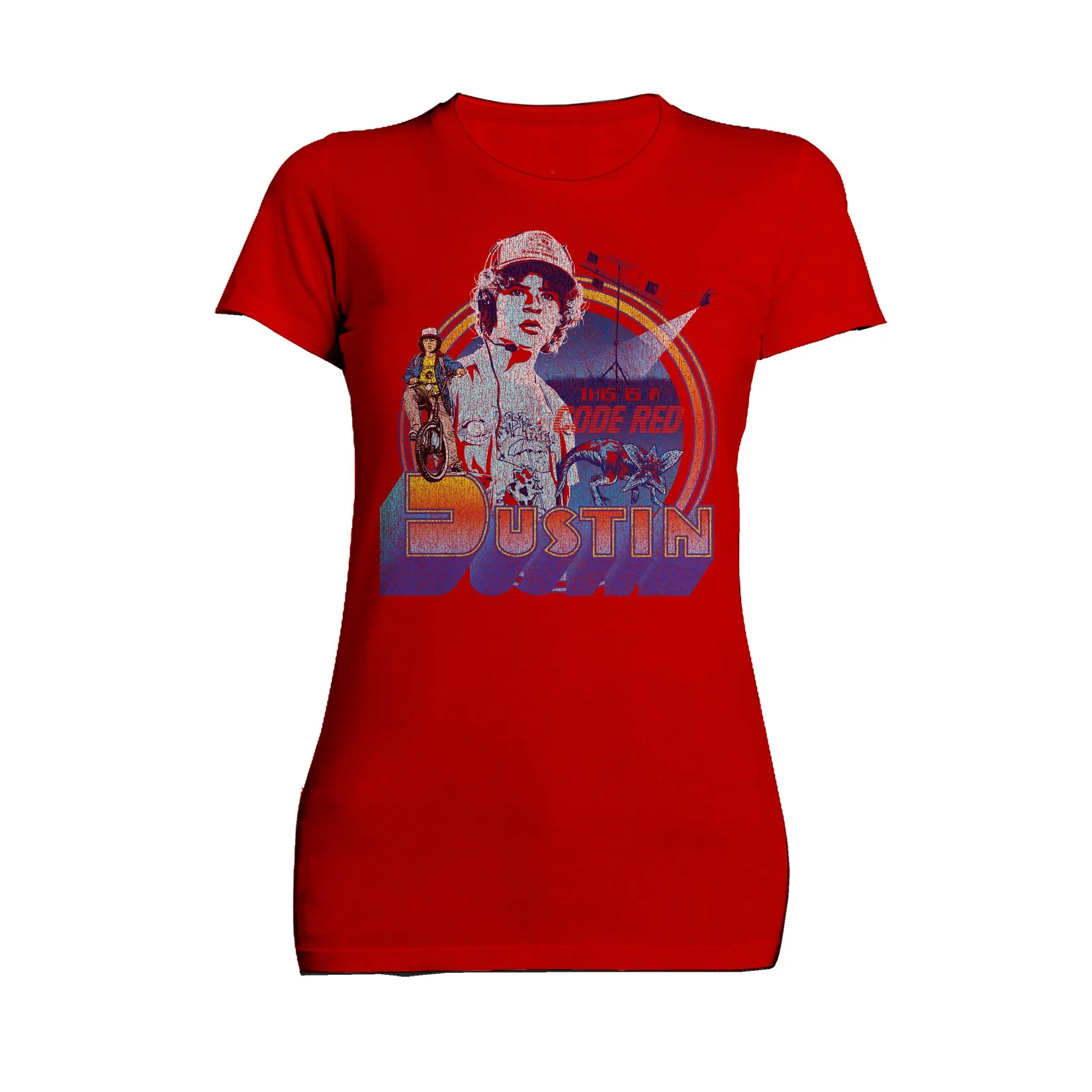 Stranger Things Vintage Dustin Pose Demogorgon  Code Red Official Women's T-Shirt