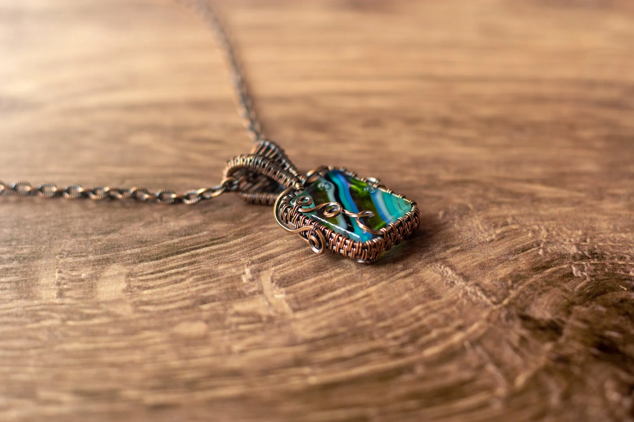 Striped Blue and Green Fused Glass Pendant with Copper Wire Wrapping