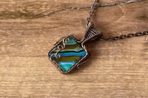 Striped Blue and Green Fused Glass Pendant with Copper Wire Wrapping