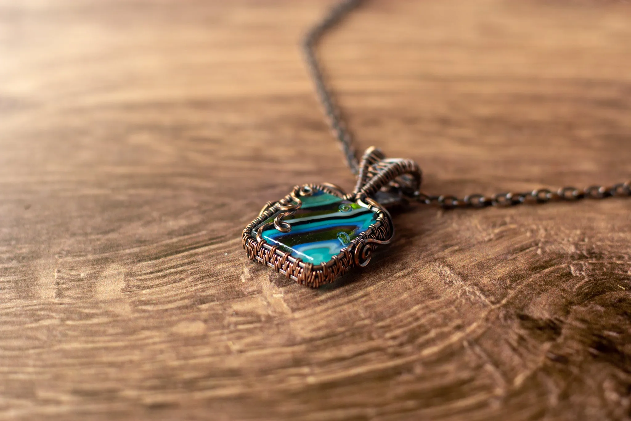 Striped Blue and Green Fused Glass Pendant with Copper Wire Wrapping