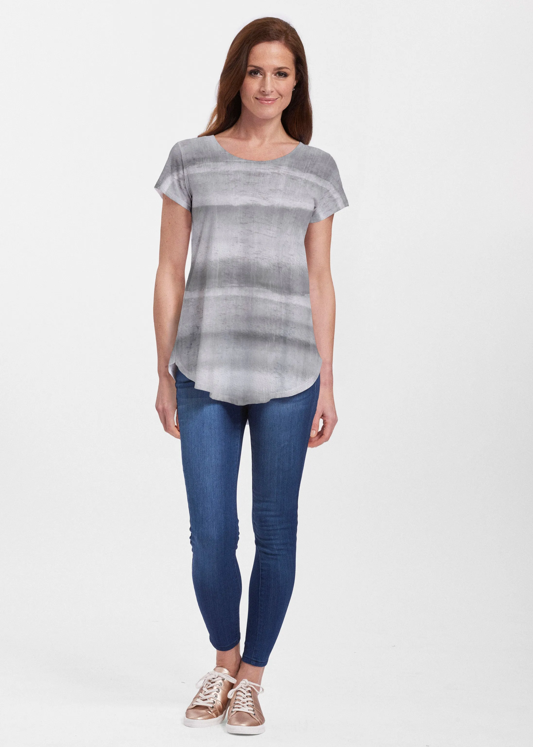 Striped Watercolor Grey (25034) ~ Signature Short Sleeve Scoop Neck Flowy Tunic