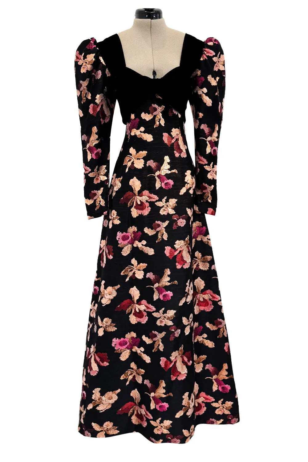 Stunning 1970s Givenchy Floral Silk Brocade Dress w Velvet Bodice & Bow