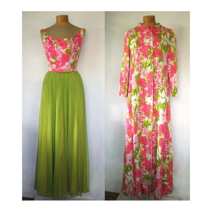 Stunning Vintage 1960's Floral Coat & Chiffon Dress Brocade Ensemble Original by Gale Mitchell