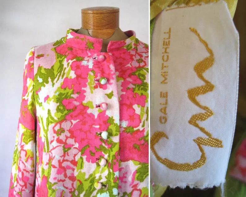 Stunning Vintage 1960's Floral Coat & Chiffon Dress Brocade Ensemble Original by Gale Mitchell