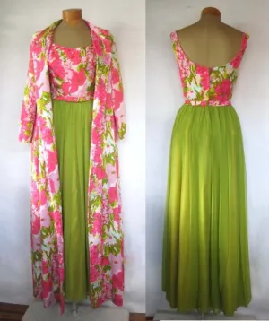 Stunning Vintage 1960's Floral Coat & Chiffon Dress Brocade Ensemble Original by Gale Mitchell