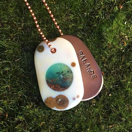 Talisman in Polka Dot Agate with Chrysoprase and Copper "BALANCE" Stamped Goddess Tag