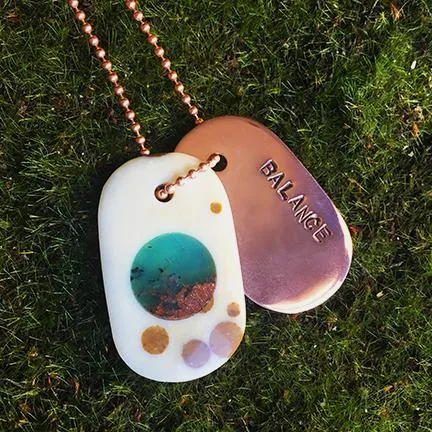 Talisman in Polka Dot Agate with Chrysoprase and Copper "BALANCE" Stamped Goddess Tag