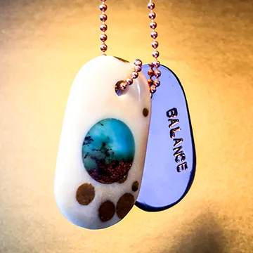 Talisman in Polka Dot Agate with Chrysoprase and Copper "BALANCE" Stamped Goddess Tag