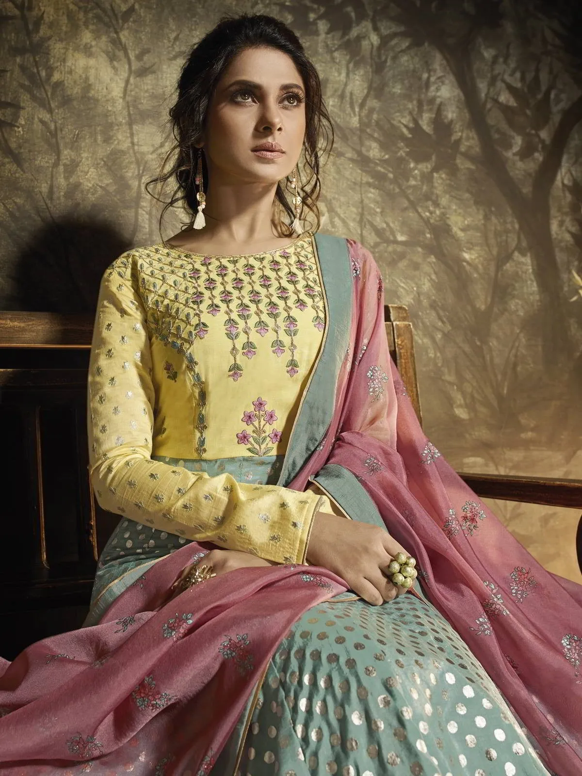Teal Blue And Pink Embroidered Silk Anarkali Gown