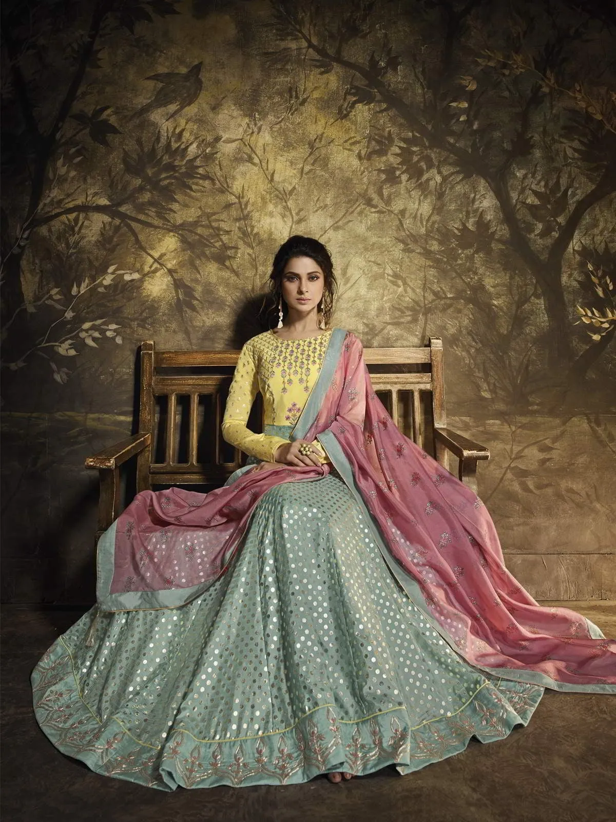Teal Blue And Pink Embroidered Silk Anarkali Gown