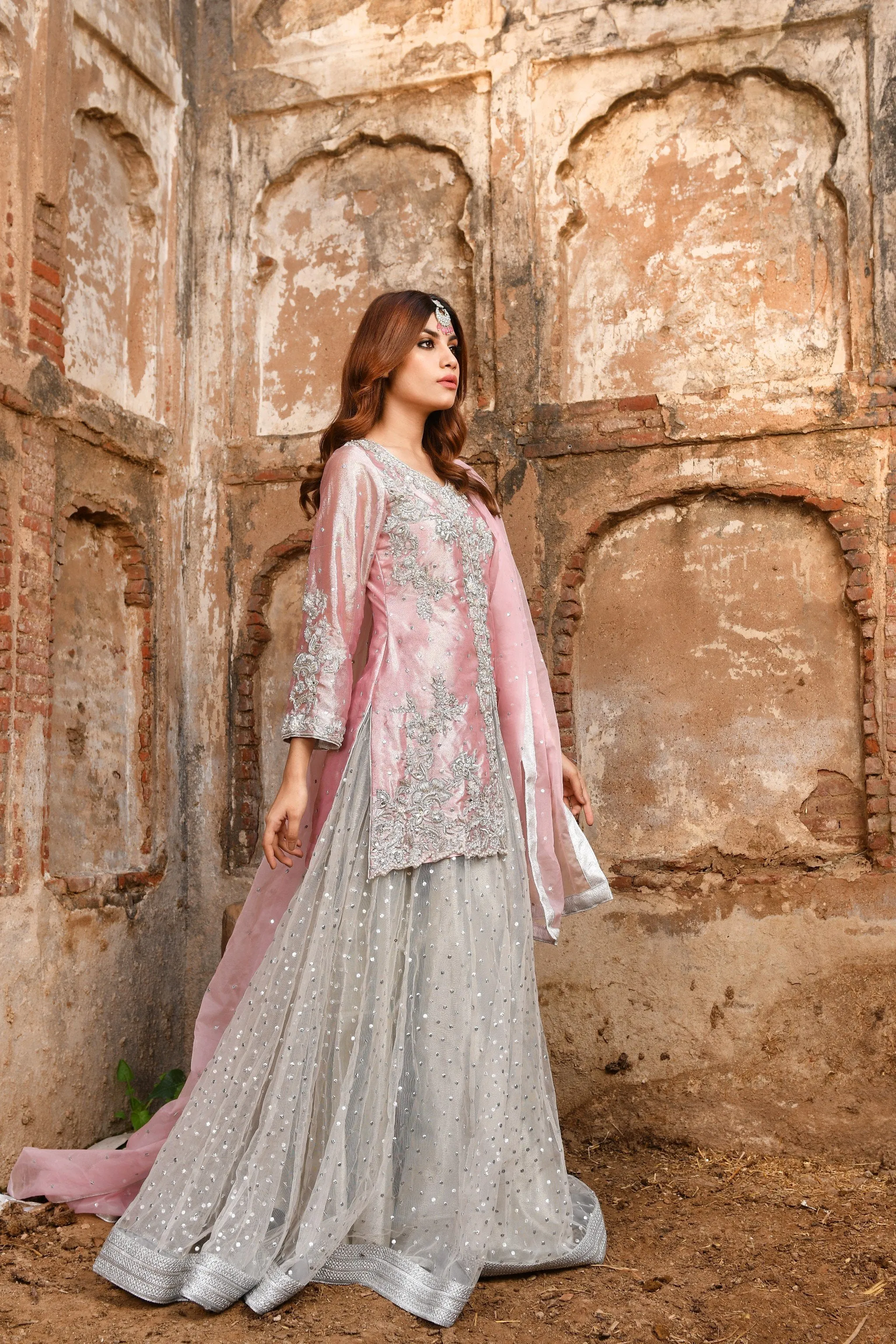 Traditional Silver Lehenga Shirt Dupatta Dress #BS717