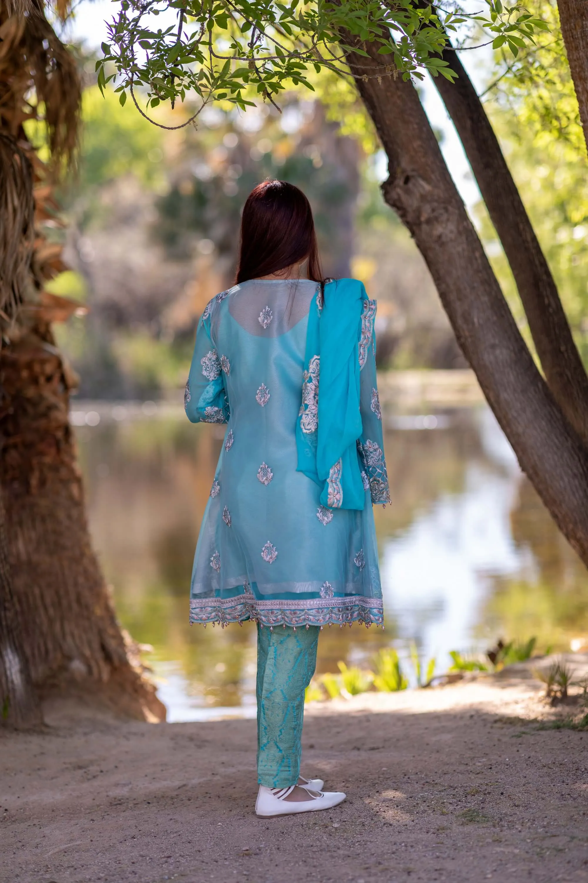 Turquoise Organza Embroidered Suit - Salwar Kameez