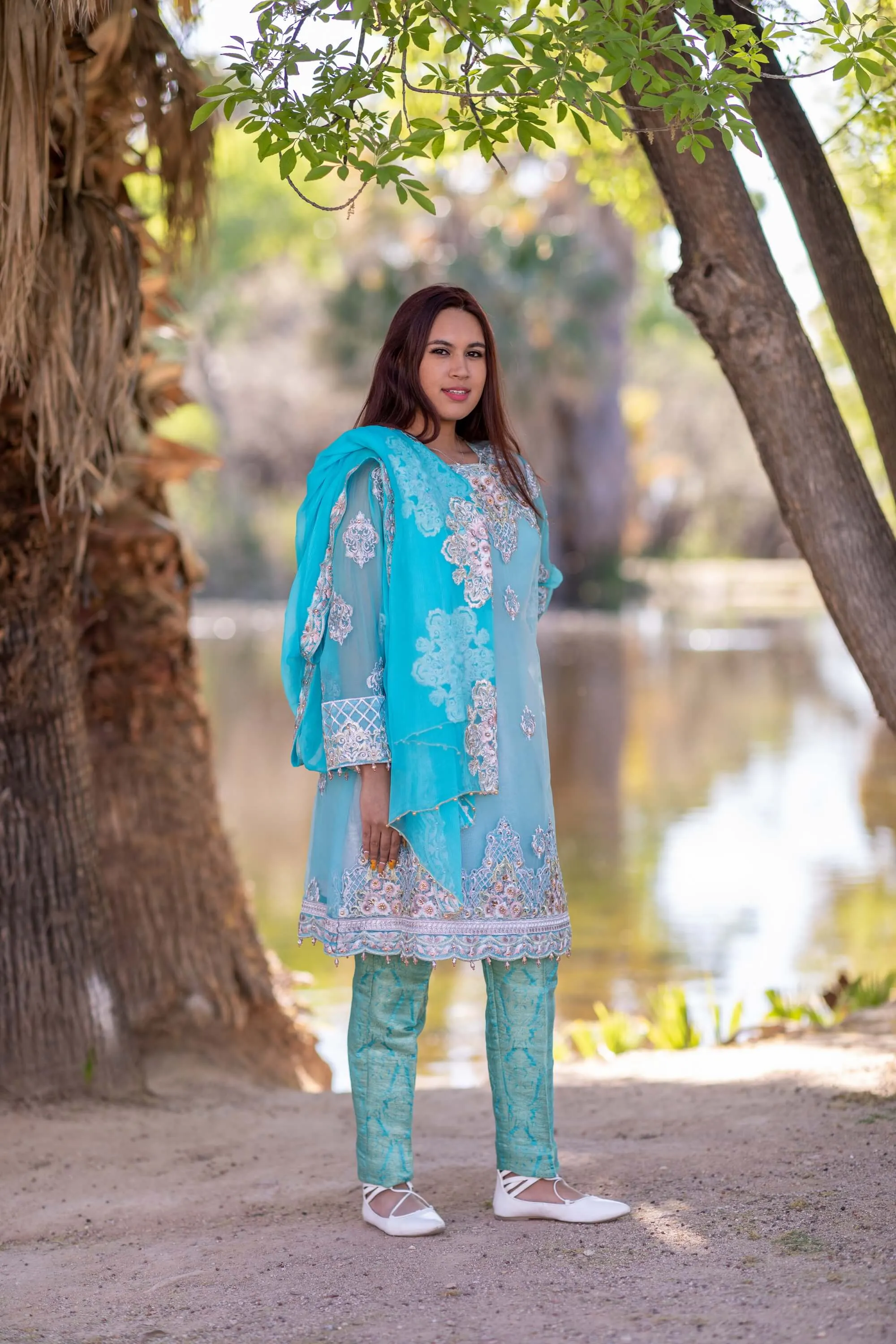 Turquoise Organza Embroidered Suit - Salwar Kameez