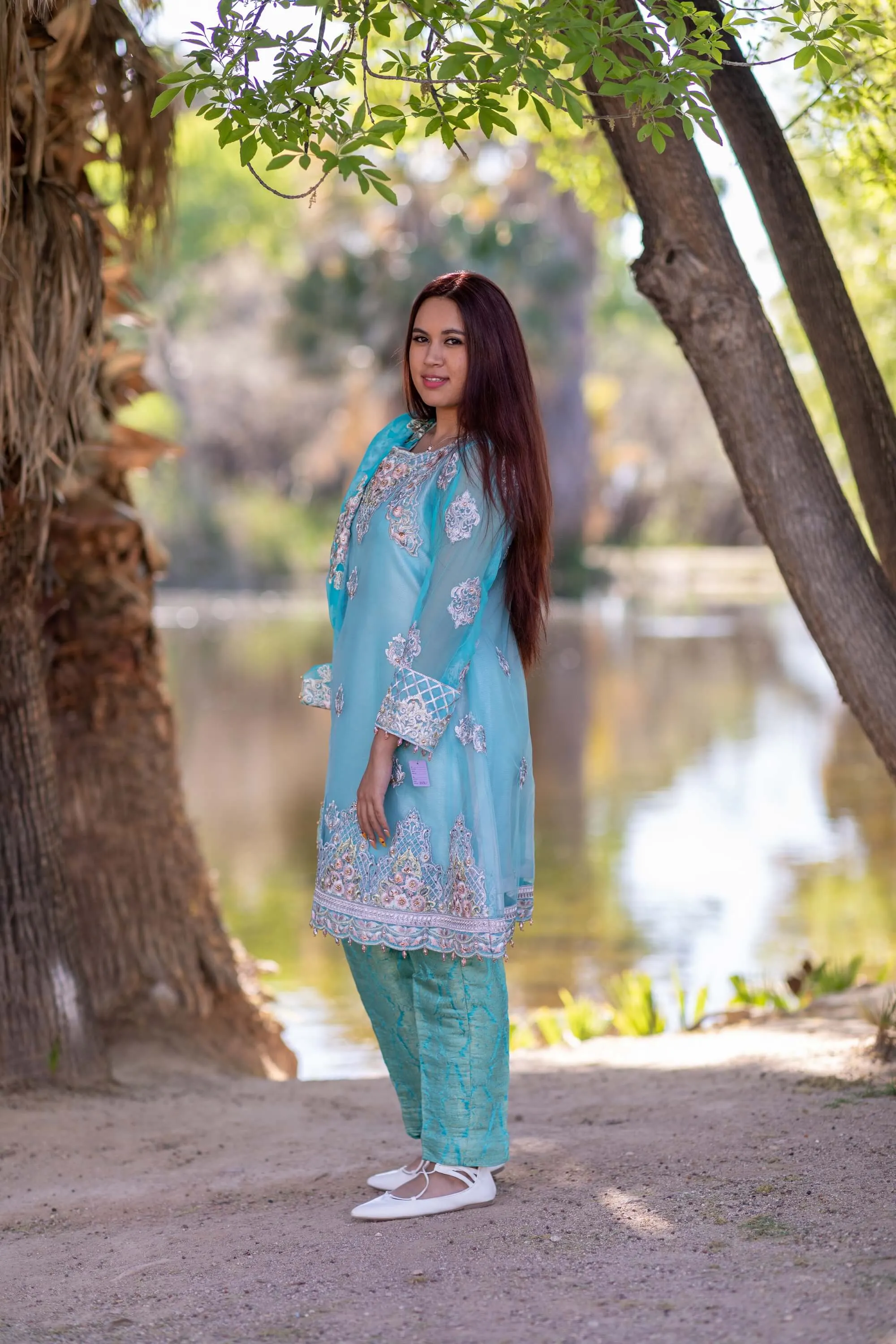 Turquoise Organza Embroidered Suit - Salwar Kameez