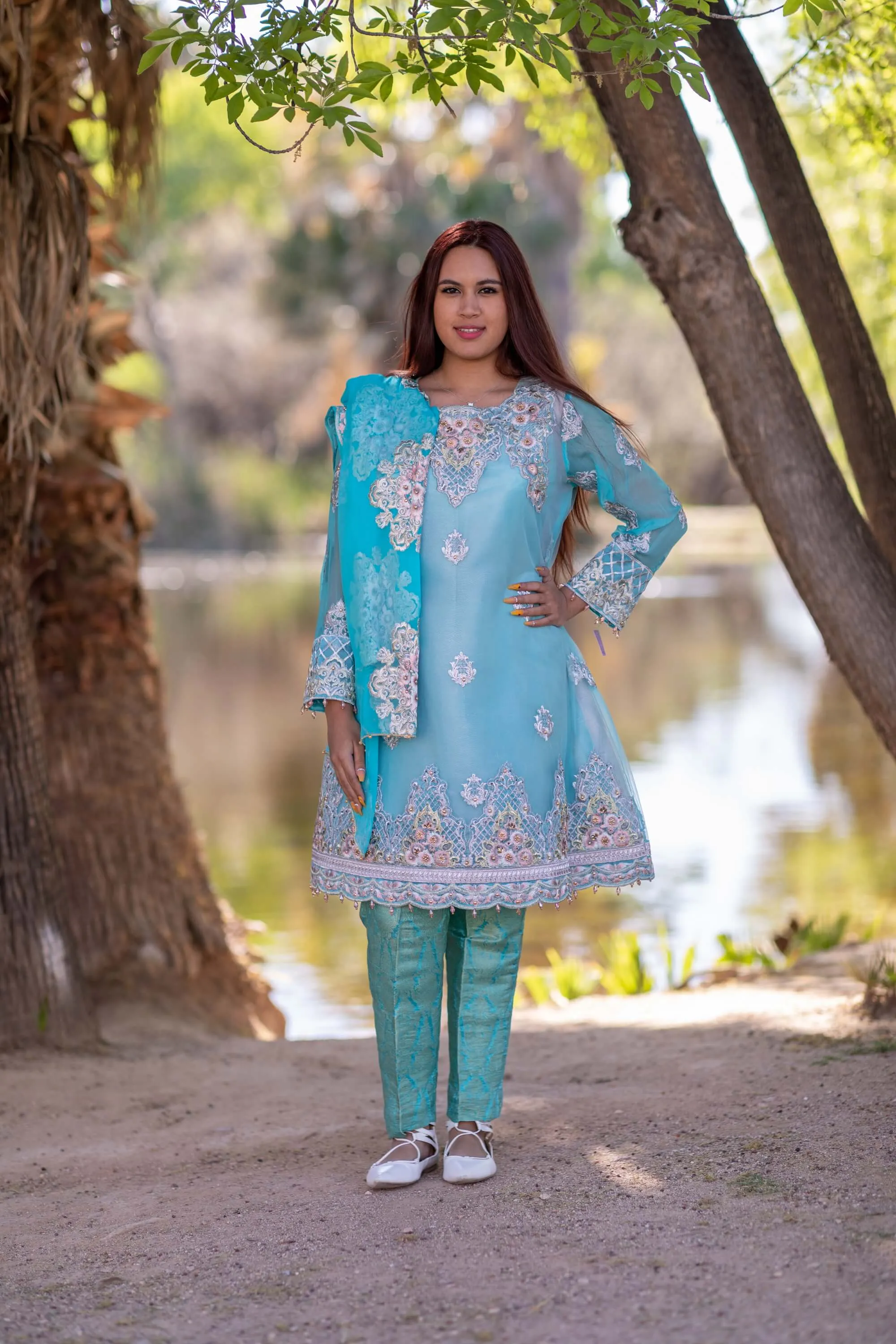 Turquoise Organza Embroidered Suit - Salwar Kameez
