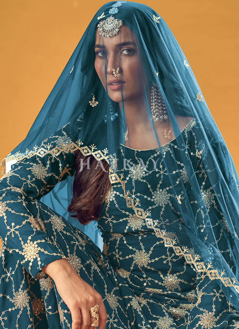 Turquoise Sequence Embroidered Sharara Suit