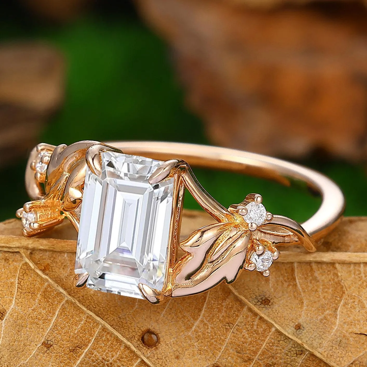 Unique Nature Inspired Emerald Lab Grown Diamond Wedding Ring Women