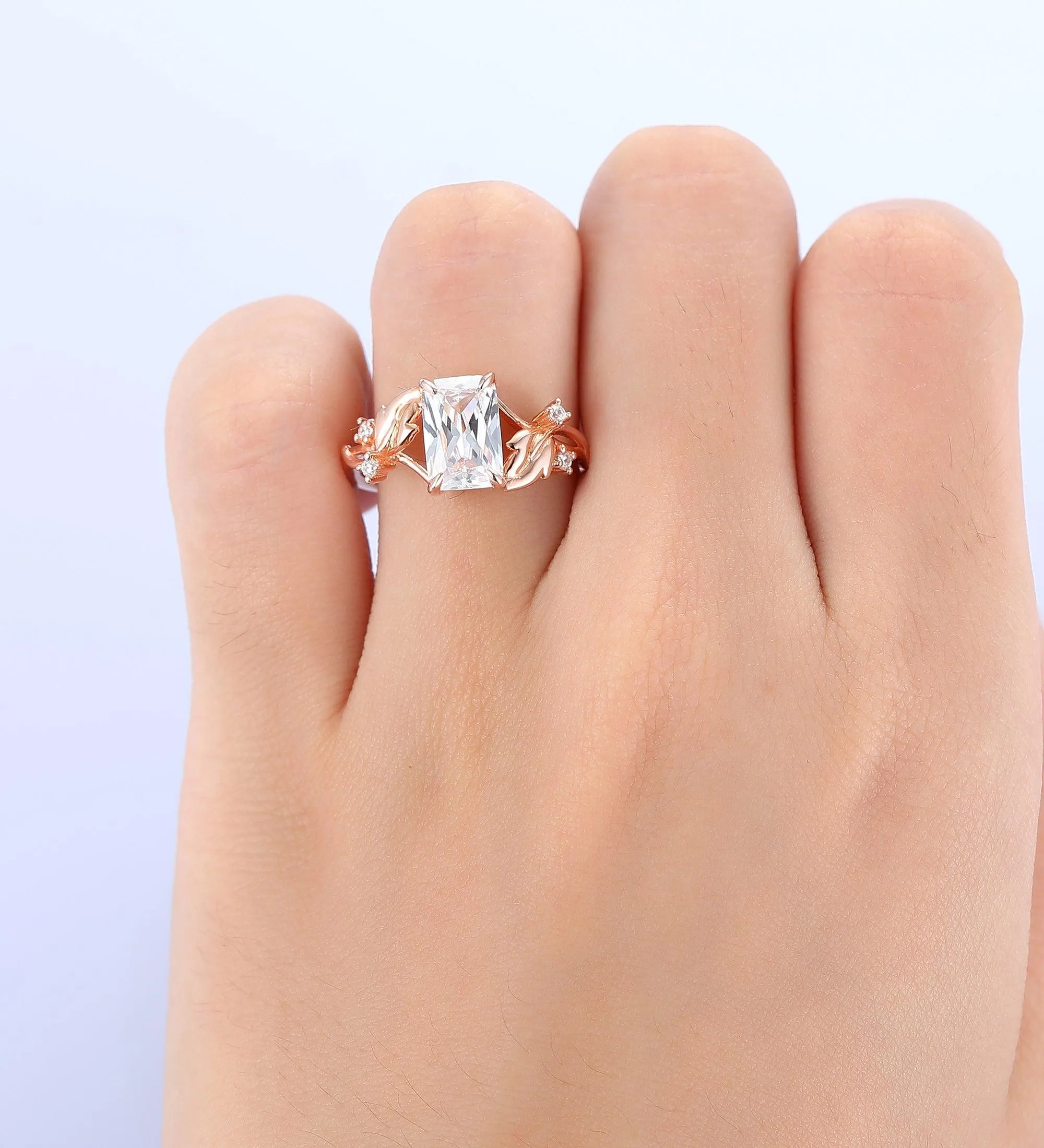 Unique Nature Inspired Emerald Lab Grown Diamond Wedding Ring Women