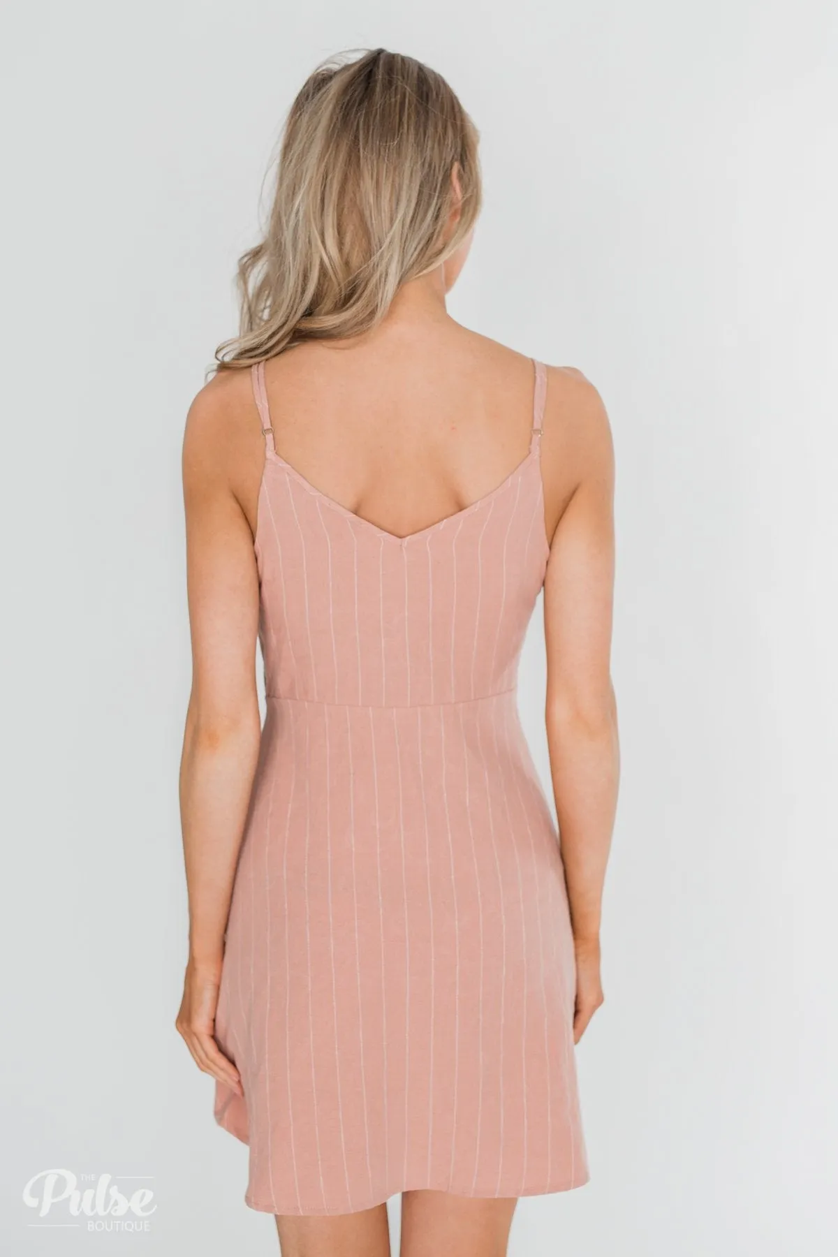 V-Neck Striped Button Dress- Dusty Rose