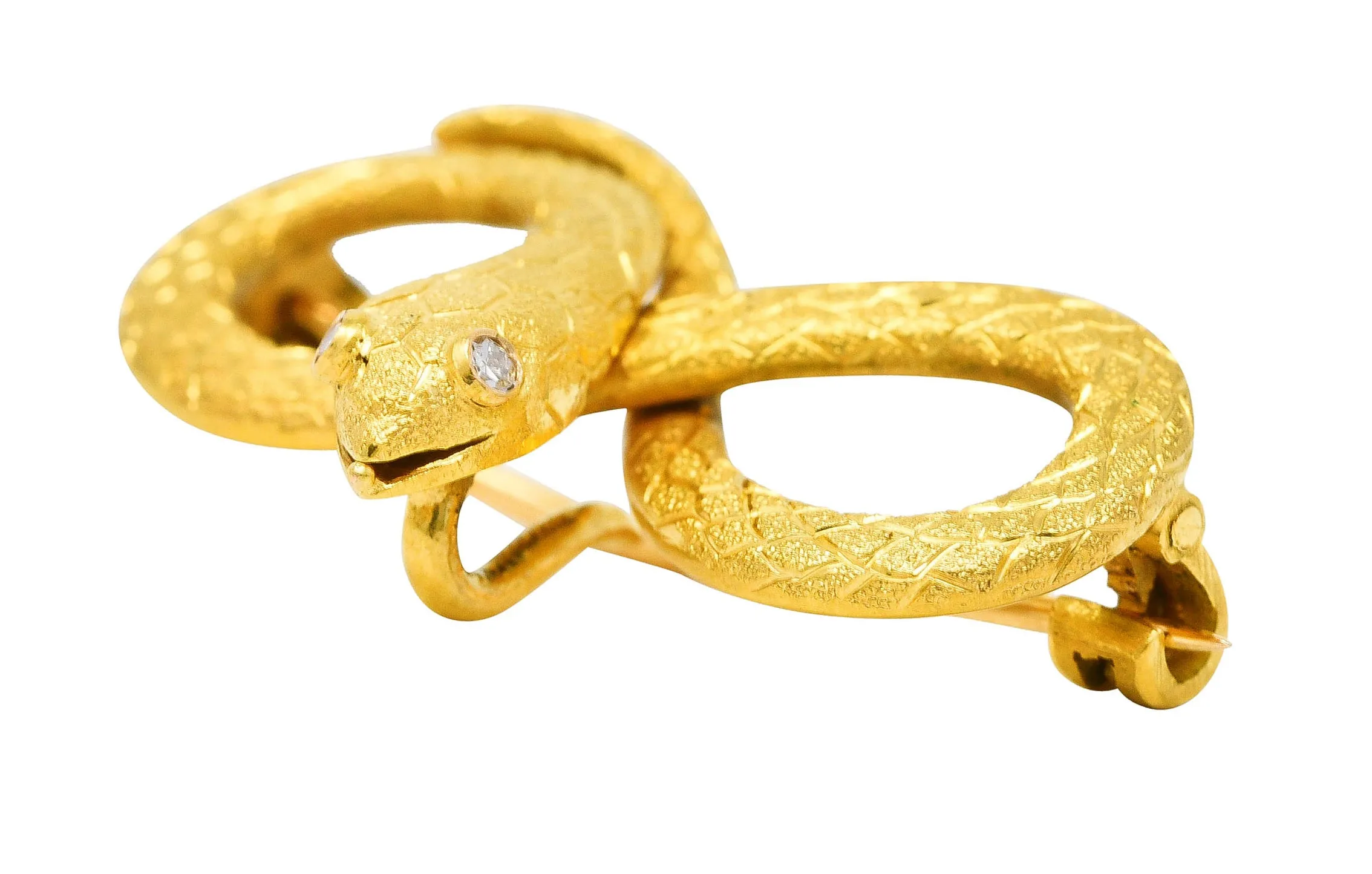 Victorian Diamond 18 Karat Yellow Gold Infinity Love Knot Antique Snake Brooch