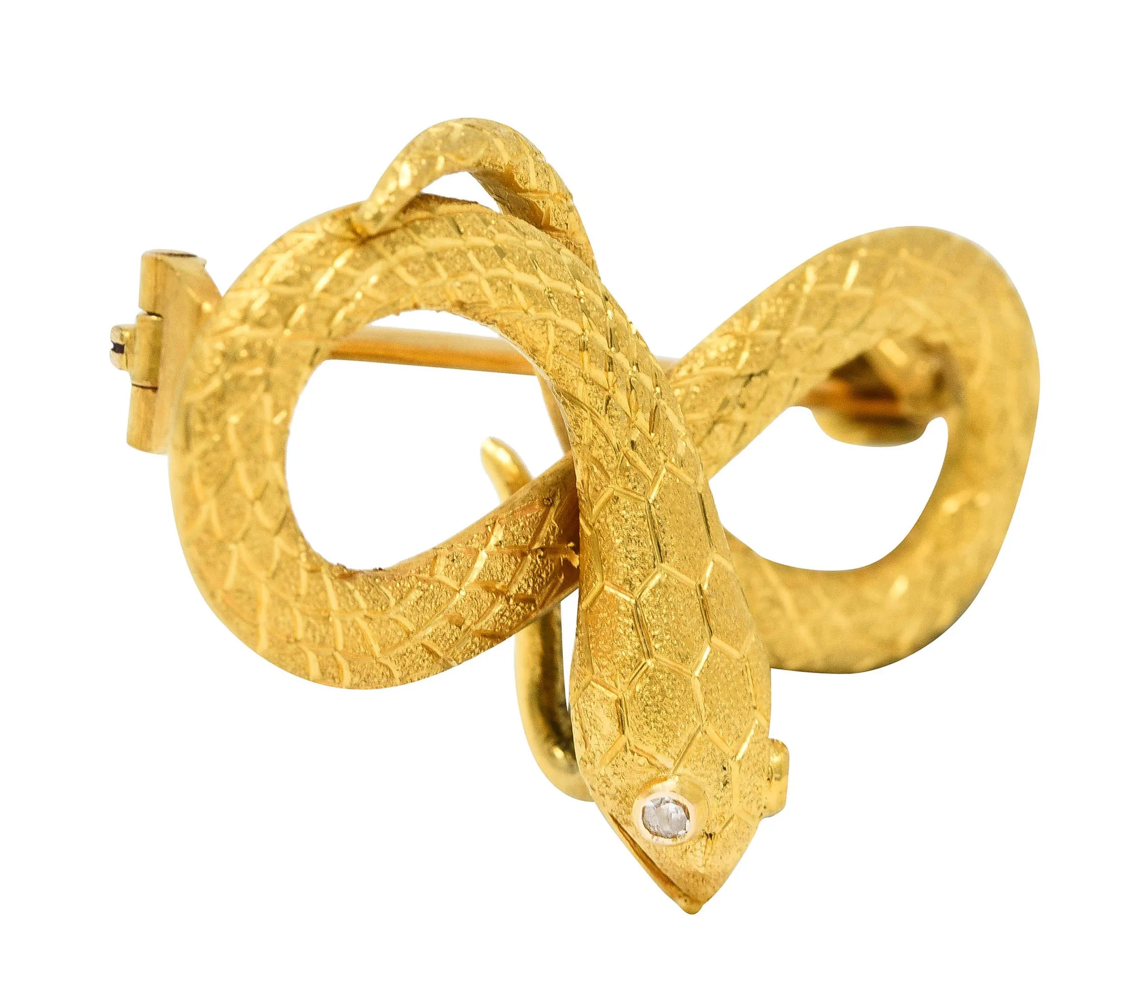 Victorian Diamond 18 Karat Yellow Gold Infinity Love Knot Antique Snake Brooch