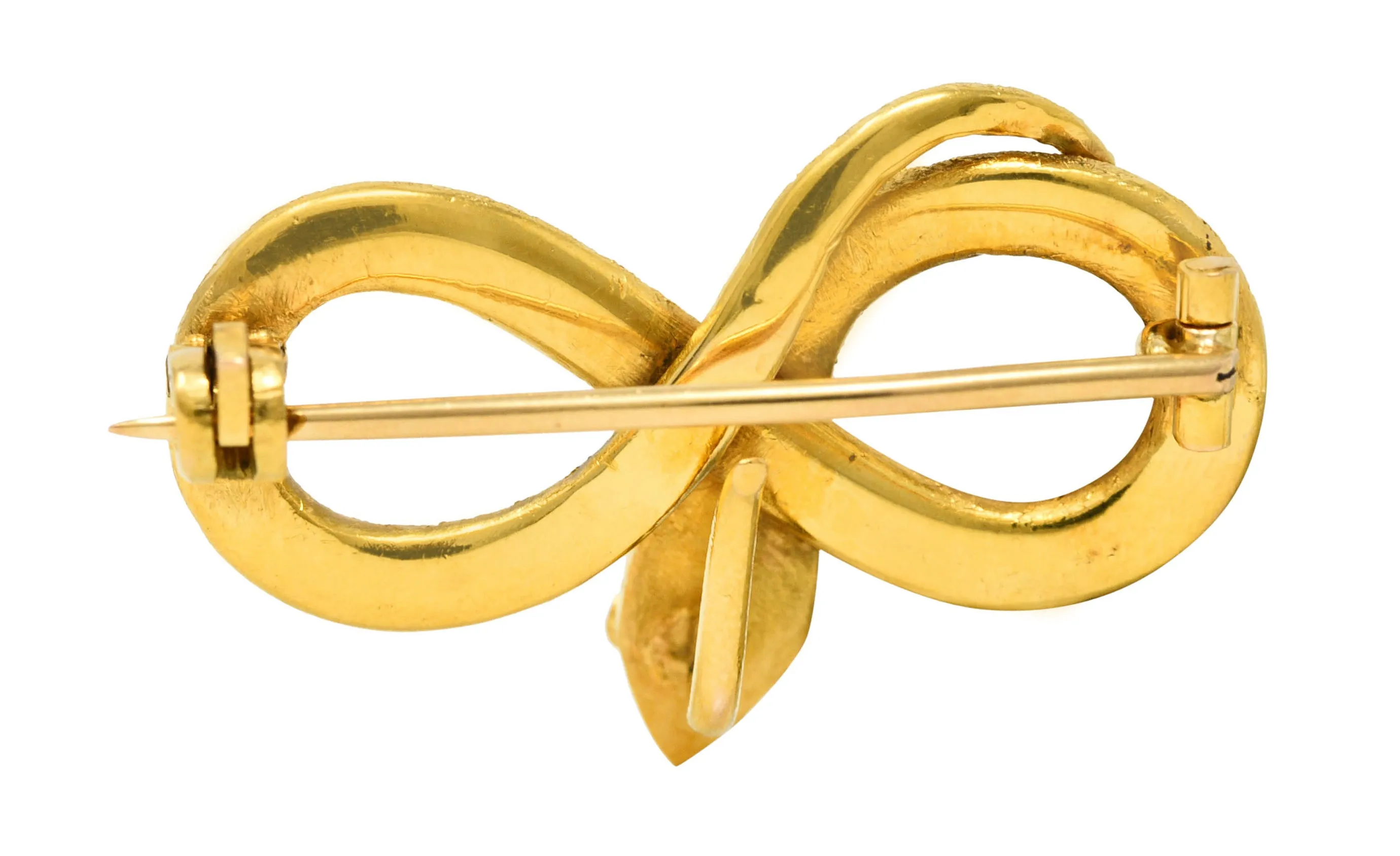 Victorian Diamond 18 Karat Yellow Gold Infinity Love Knot Antique Snake Brooch