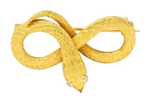 Victorian Diamond 18 Karat Yellow Gold Infinity Love Knot Antique Snake Brooch