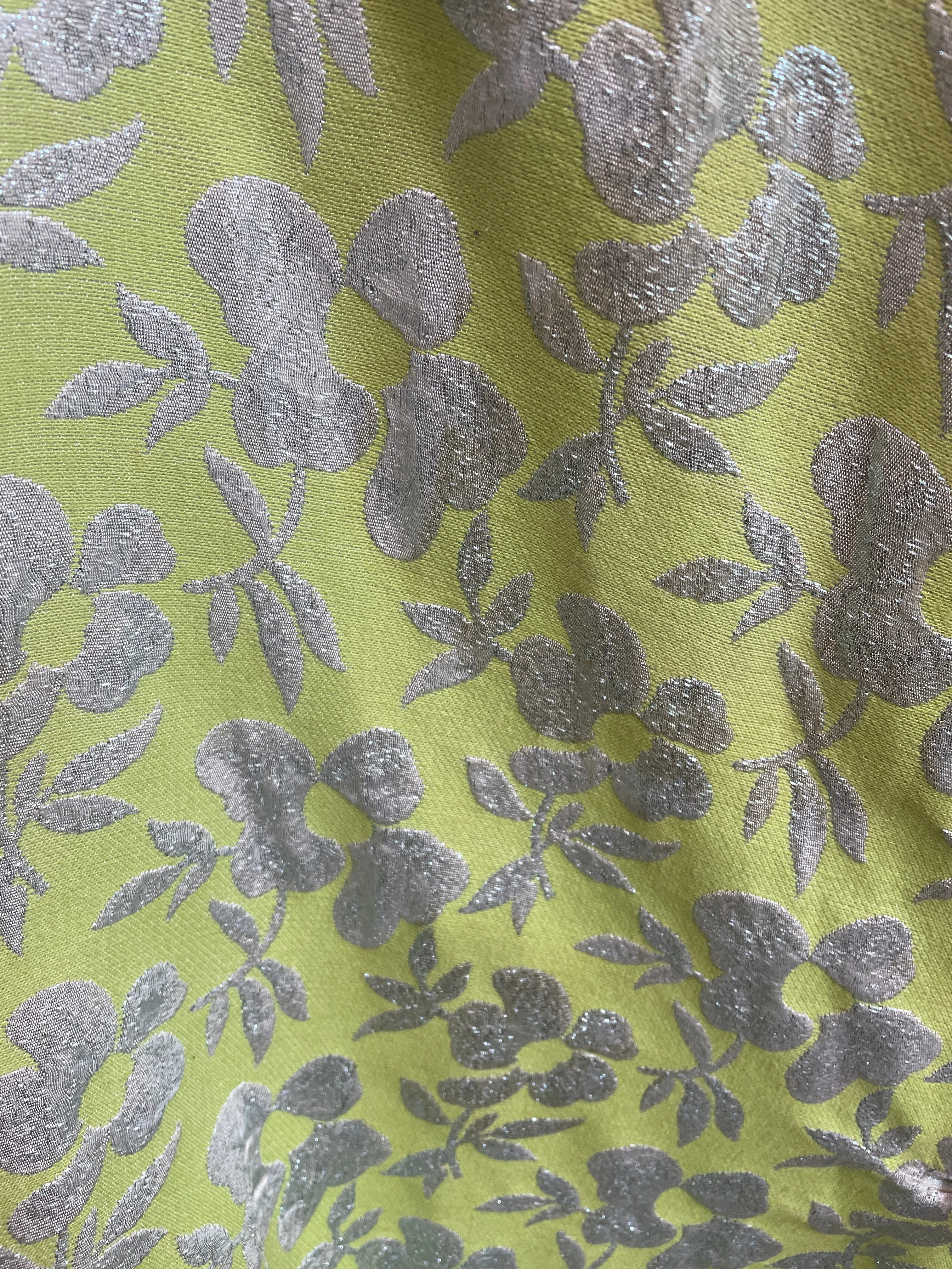 Vintage 60s Mod Lime Green & Silver Floral Brocade Dress